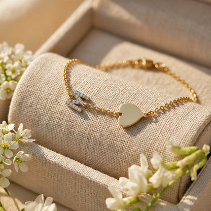 High Polished Heart and Diamond Initial Charm Bracelet in 14K Gold