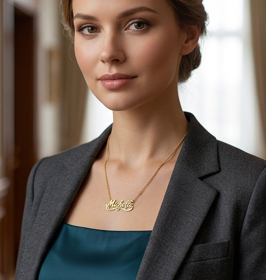 High Polished Name Plate with Florentine Finish Tails set in 14K Gold