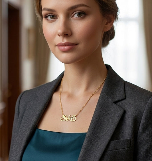 High Polished Name Plate with Florentine Finish Tails set in 14K Gold