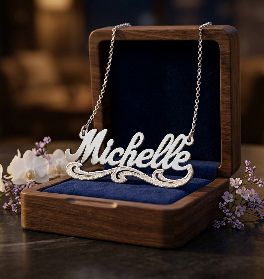 High Polished Name Plate with Florentine Finish Tails set in Sterling Silver