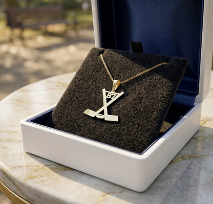 Hockey Sticks and Puck Charm Pendant in 14K Gold | Custom Number
