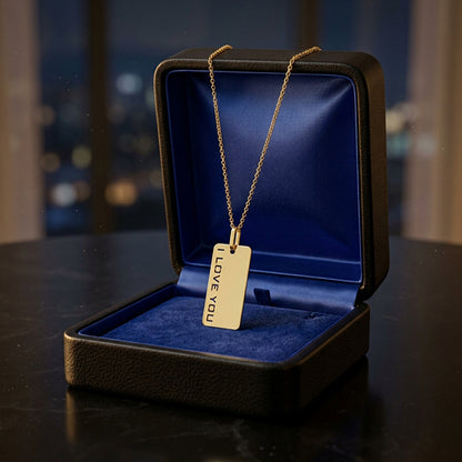I Love You Dog Tag Pendant in High Polished 14K Gold | Punched Out Block Text