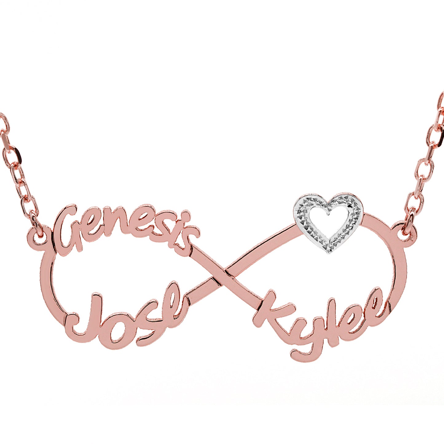 14K Gold Open Heart and Infinity Charm Necklace with 3 Custom Names