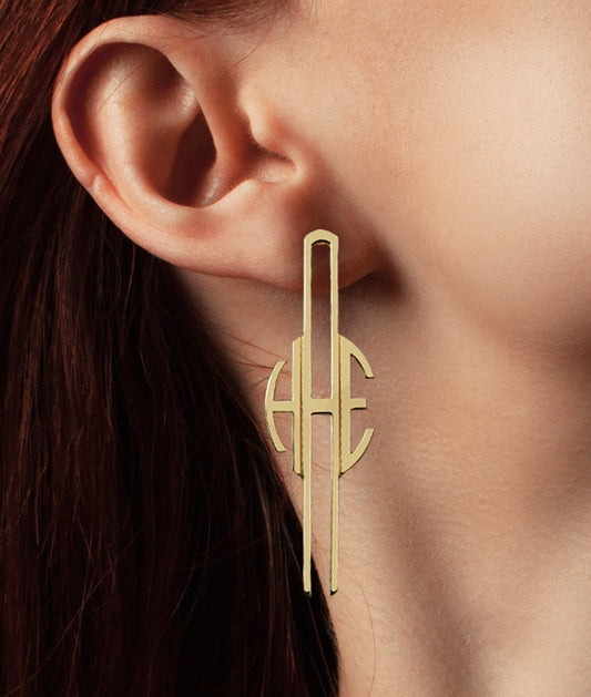 Elongated Monogram Drop Earrings in High Polished 14K Gold