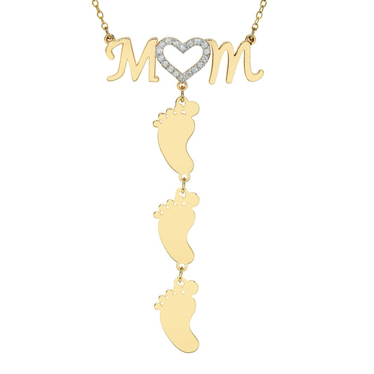 Mom Necklace with 1 to 3 Baby Feet Charms | Engravable