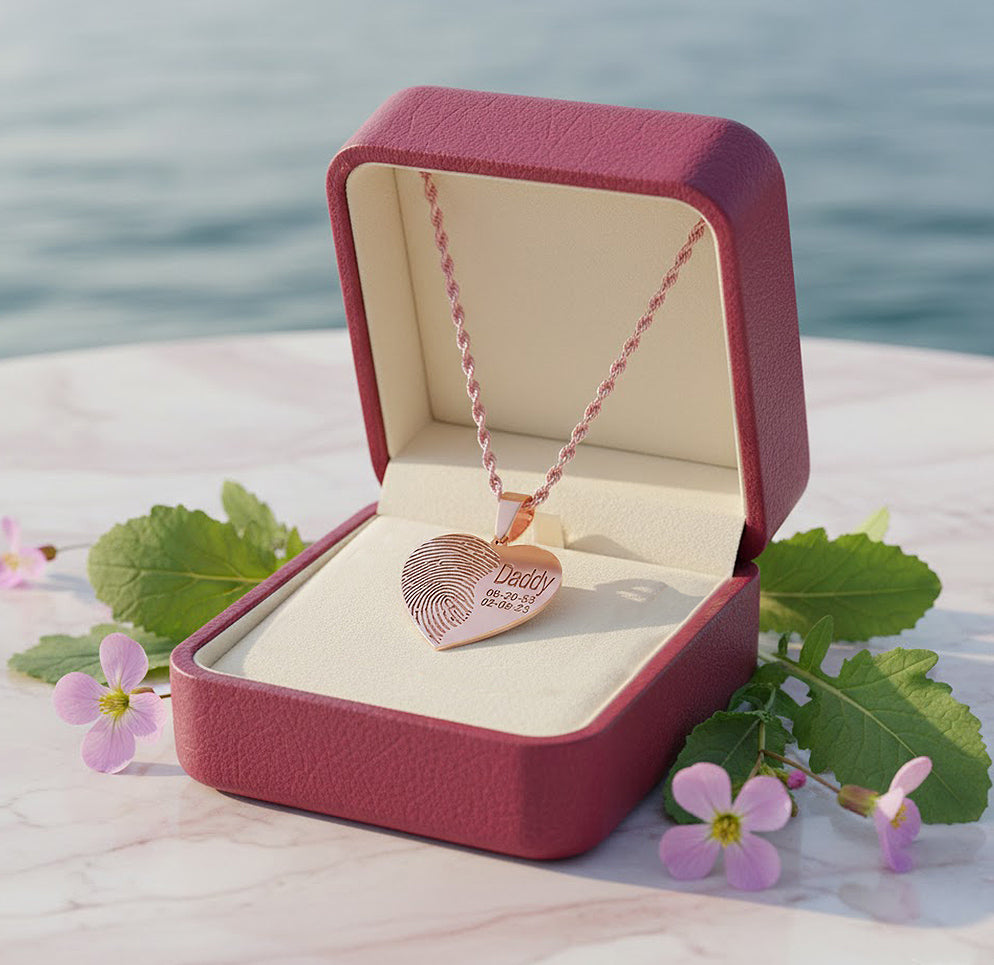 Memorial Fingerprint Heart Charm Pendant with Name and Dates Option in 14K Gold