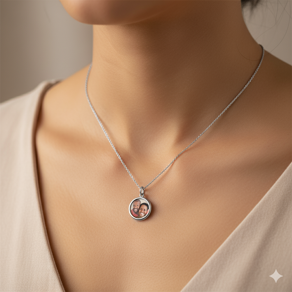 Custom Round Photo Necklace – Personalized Picture Pendant with HD Laser Engraving & Crystal Protection - Memorial Necklace