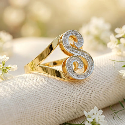 Monogram Ring with Diamonds and 14K Gold | Script Initial