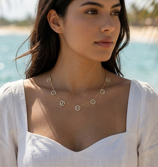 Multi-Initials Station Necklace in 14K Gold with Diamond Halo | Block Text