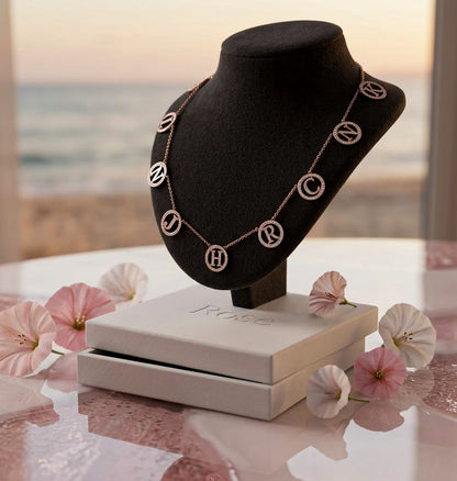 Multi-Initials Station Necklace in 14K Gold with Diamond Halo | Block Text
