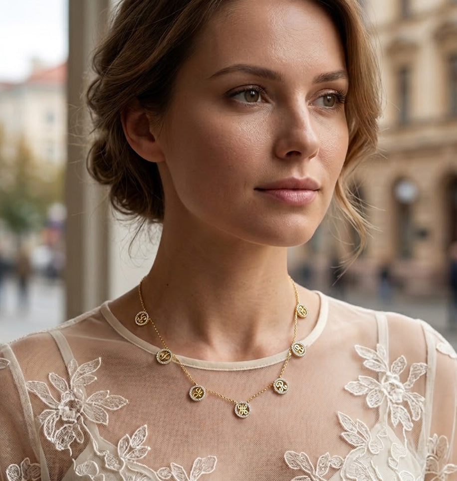Multi-Initials Station Necklace in 14K Gold with Diamond Halo | Script Text