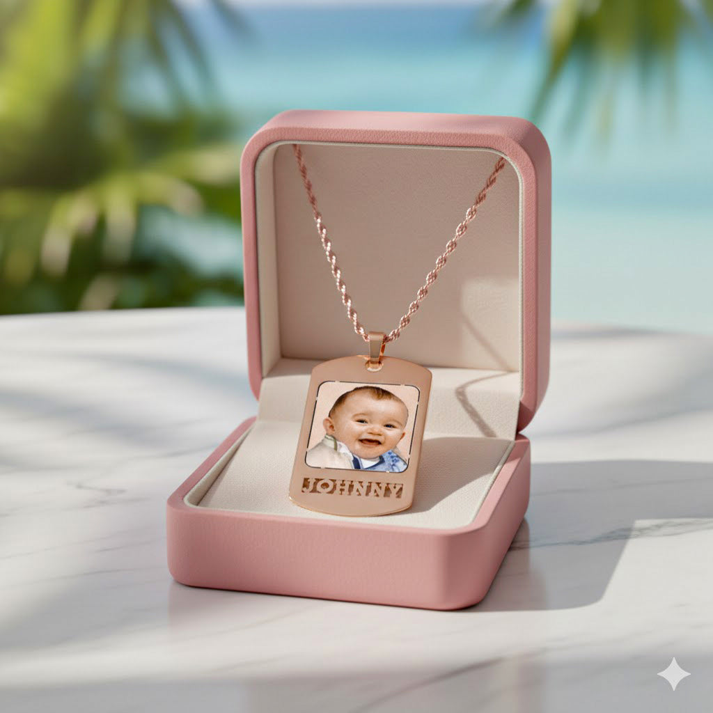 14K Gold Photo Pendant Dog Tag Personalized with the Name of your Choice.