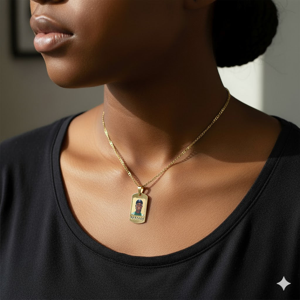 14K Gold Photo Pendant Dog Tag Personalized with the Name of your Choice.