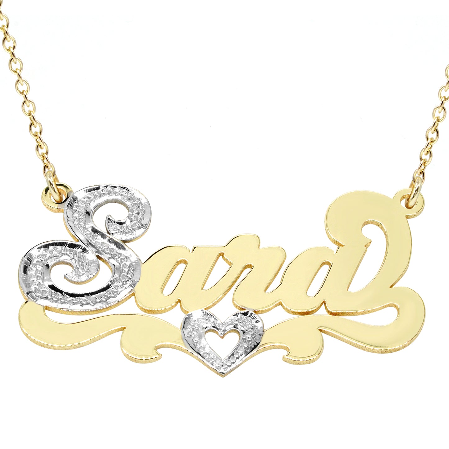 Custom 14kt. Gold Nameplate Necklace with Heart First Letter and Heart in Rhodium Sparkle