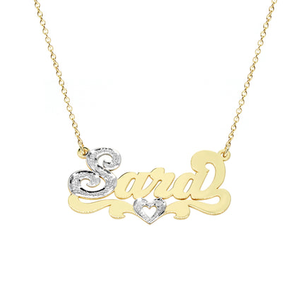 Custom 14kt. Gold Nameplate Necklace with Heart First Letter and Heart in Rhodium Sparkle