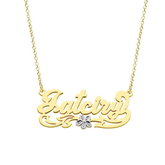 14K Gold Name Plate with Flower Design in Rhodium Sparkle