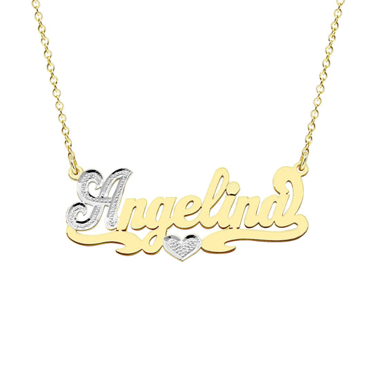 Heart Nameplate in High Polished 14K Gold with Rhodium Sparkles