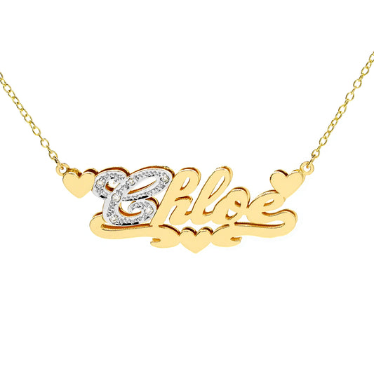 Triple Heart Name Plate Pendant with Diamonds on First Letter | 14K Gold
