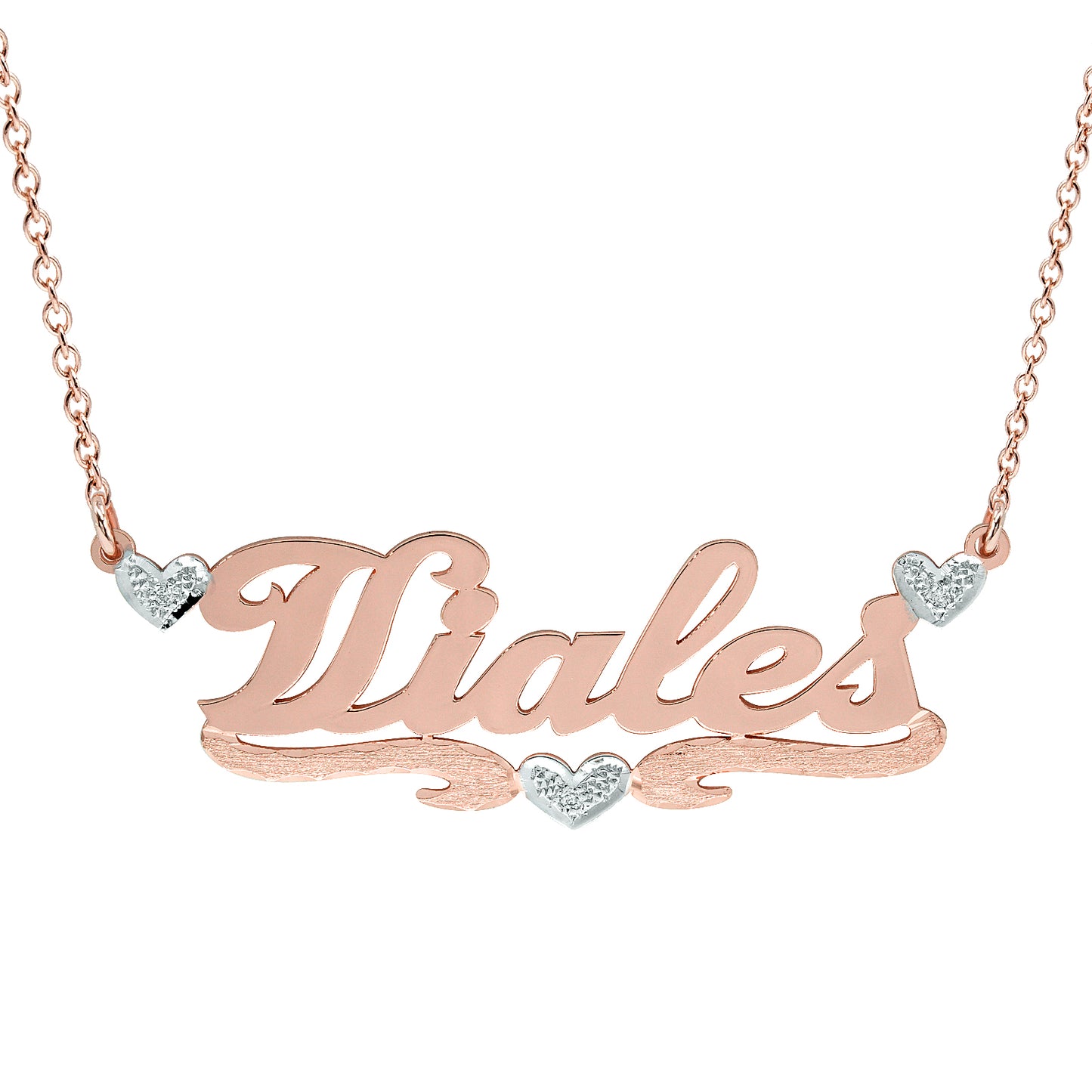14K Gold Nameplate with Diamond Hearts with High Polish Names