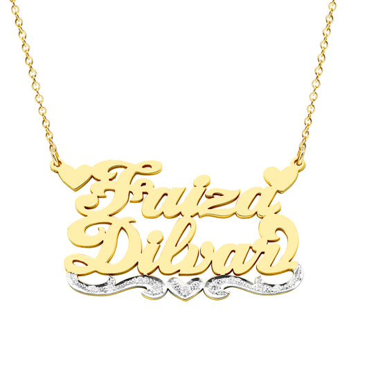 Custom 2 Name Nameplate Necklace with Hearts in Solid 14K Gold and Diamonds