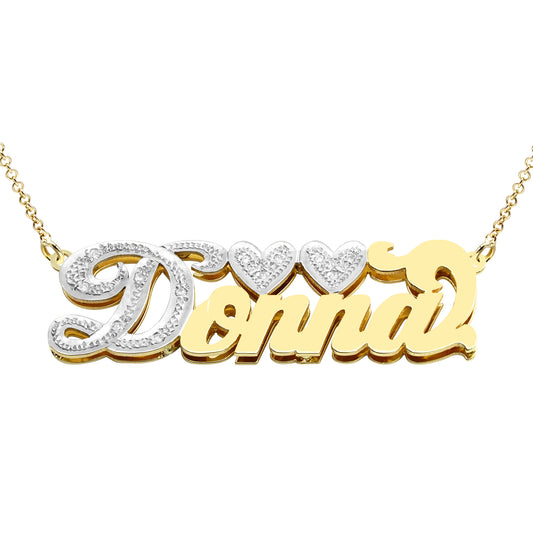 Personalized 14kt. Gold and Diamond Initialed Name Necklace | Double Heart