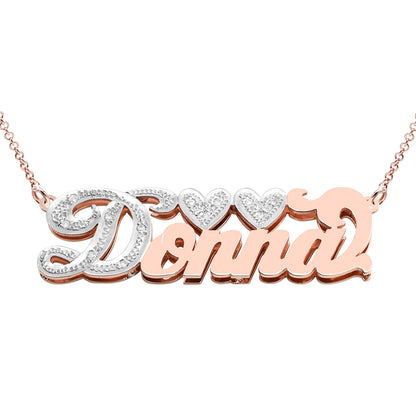 Personalized 14kt. Gold and Diamond Initialed Name Necklace | Double Heart