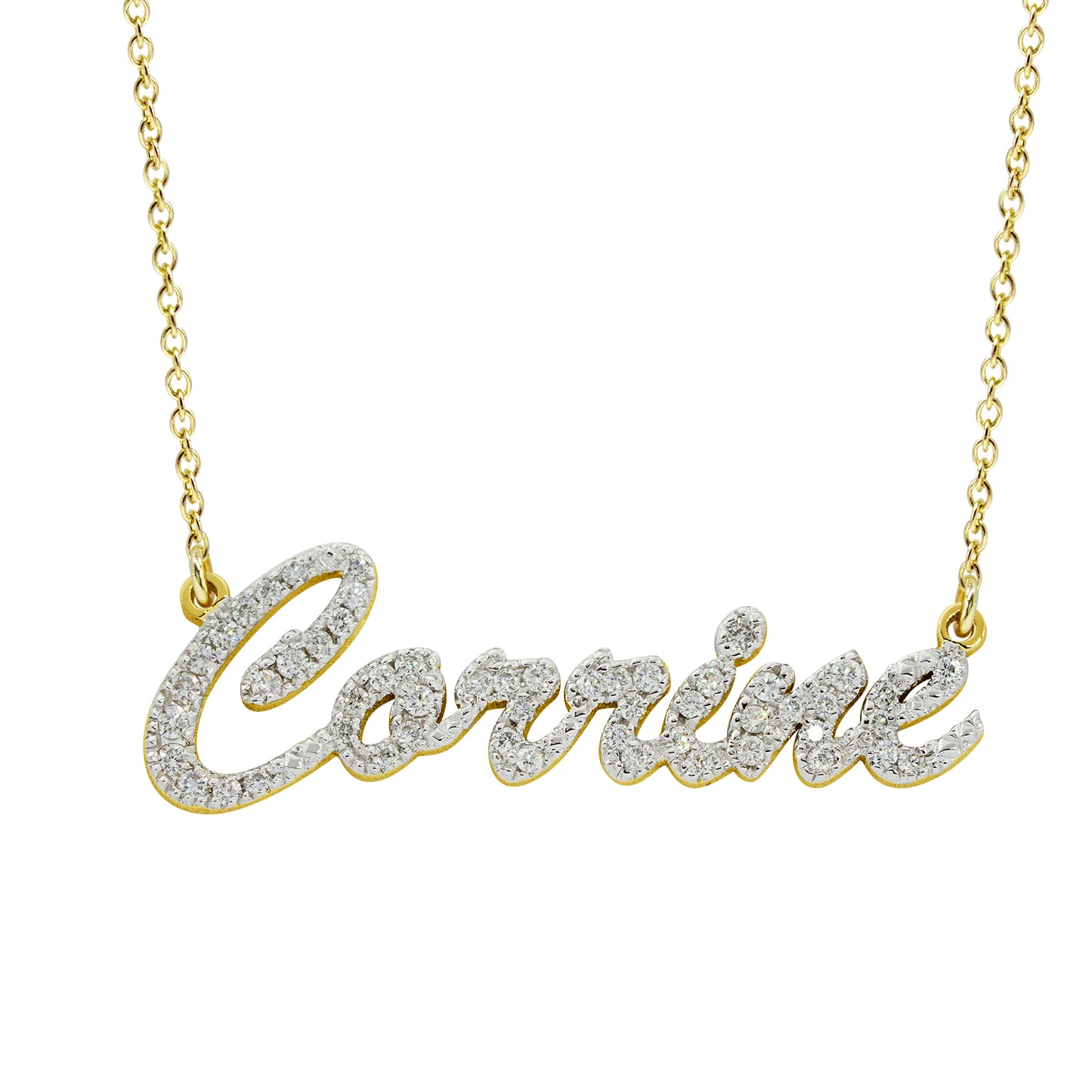 Personalized All Diamonds and 14kt. Gold Script Nameplate Necklace
