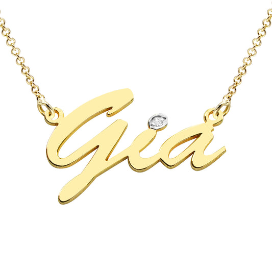 Custom 14K Gold and Diamond Name Necklace with Script Text