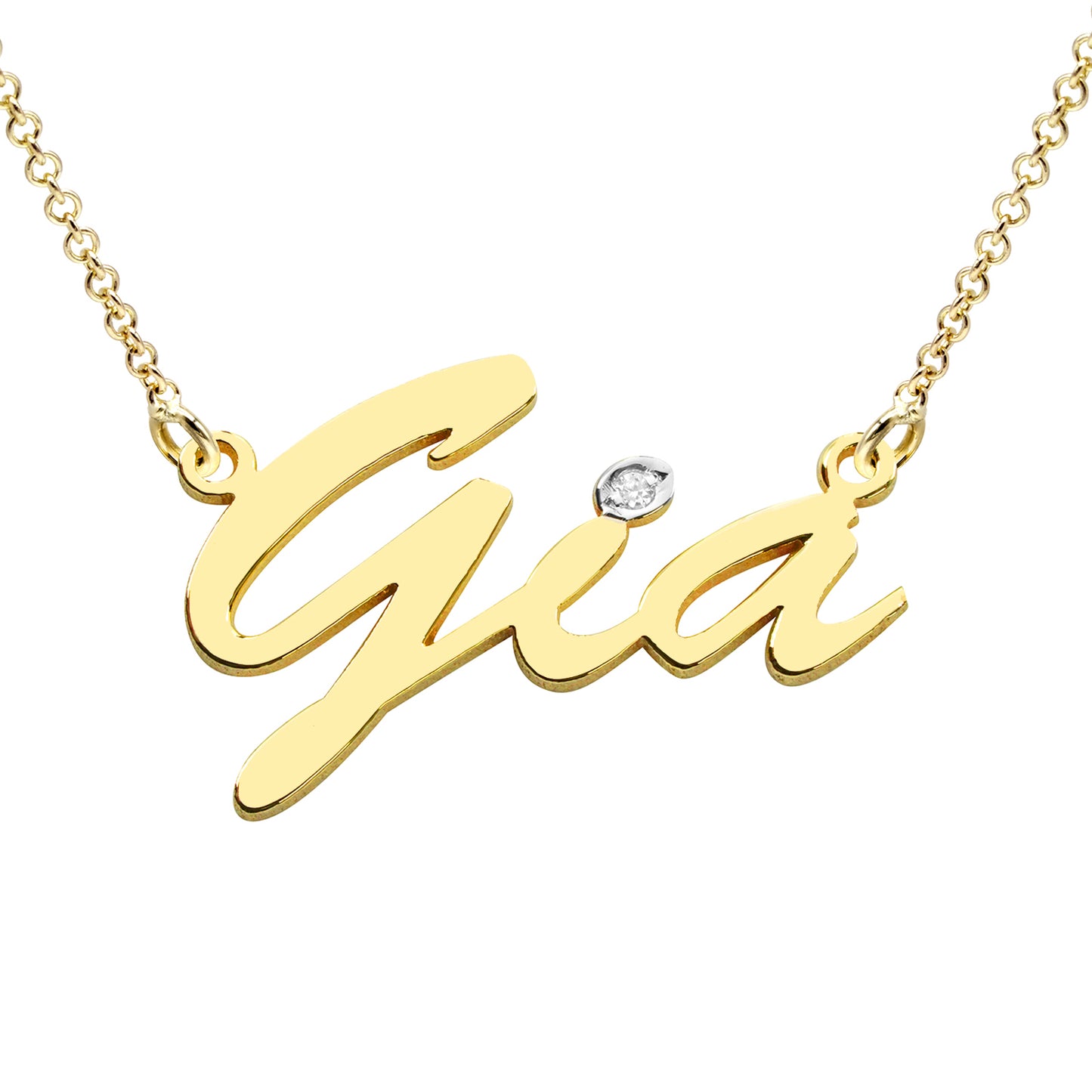 Custom 14K Gold and Diamond Name Necklace with Script Text