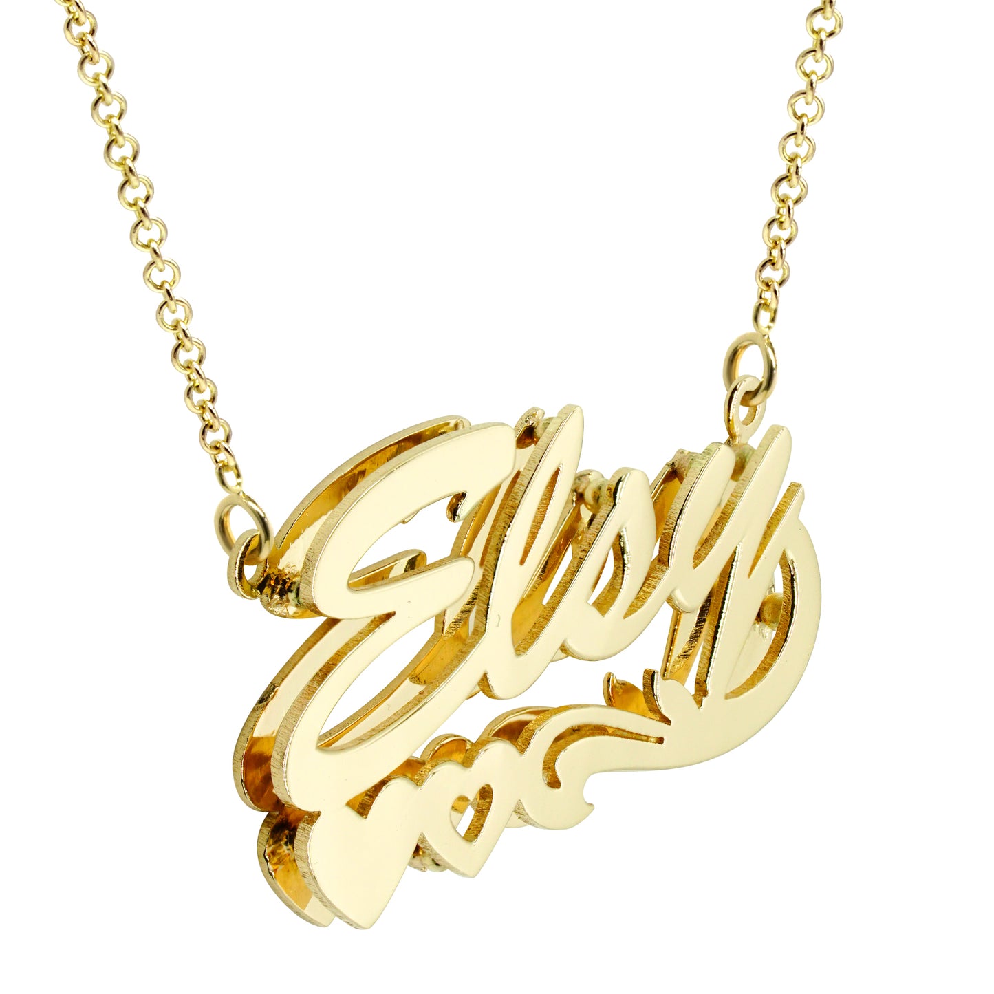 14K Gold Name Plate with Hearts Necklace featuring Second Layer Shadow