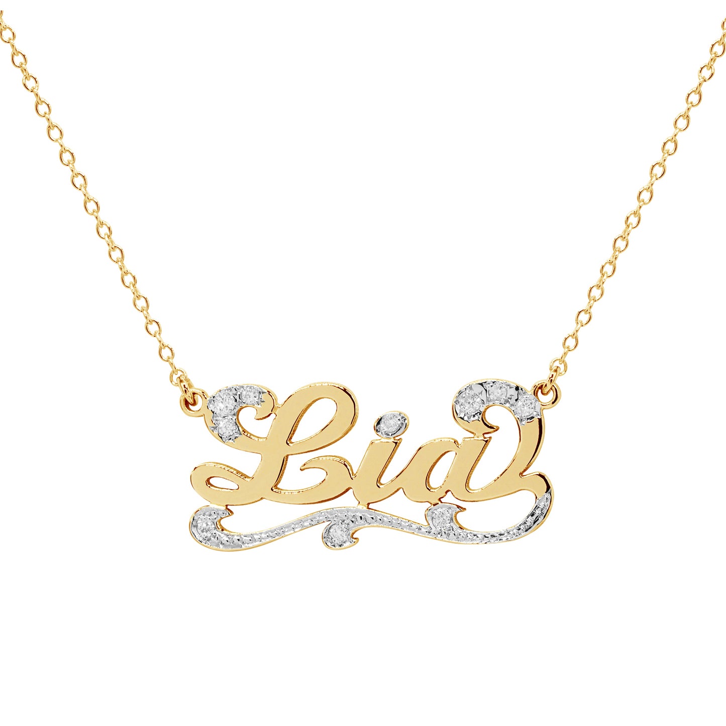 Personalized 14K Gold and Diamond Name Necklace with Flourish
