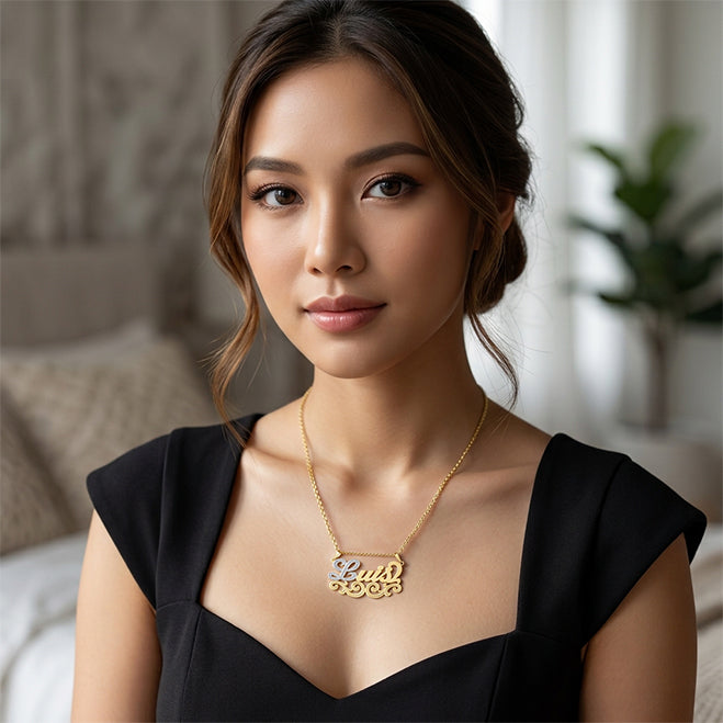 Name Plate Pendant with Fancy Filigree in 14K Gold