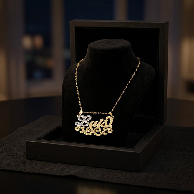 Name Plate Pendant with Fancy Filigree in 14K Gold
