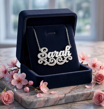 Nameplate Pendant with Diamonds and Fancy Filigree in Sterling Silver