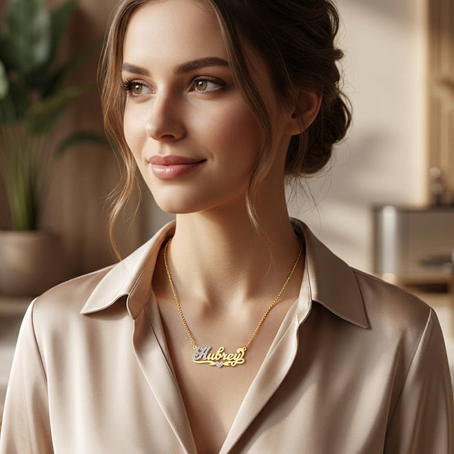 Nameplate with 14K Gold and Rhodium Sparkle on First Letter | Script Text