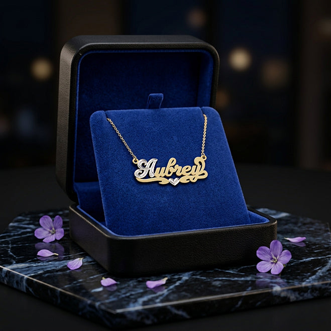 Nameplate with 14K Gold and Rhodium Sparkle on First Letter | Script Text