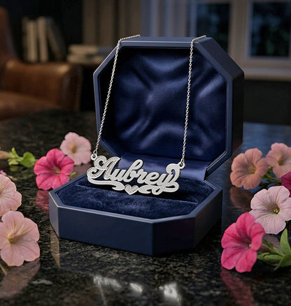 Nameplate with Sterling Silver and Rhodium Sparkle on First Letter | Script Text
