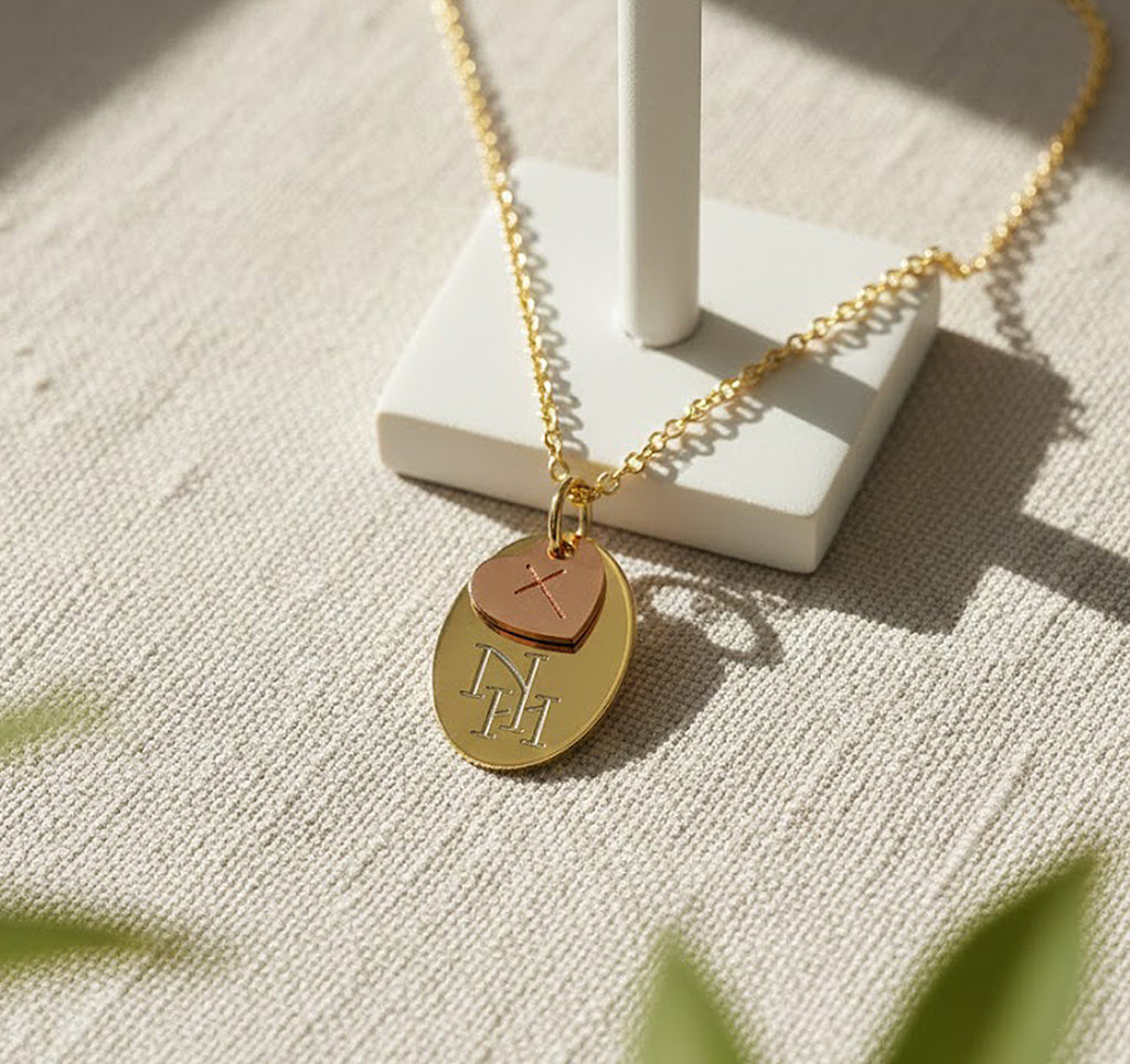 Oval 2 Initial Monogram Pendant with Heart Cross 2 Tone in 14kt Gold