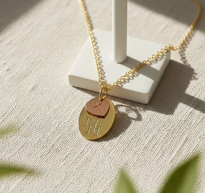 Oval 2 Initial Monogram Pendant with Heart Cross 2 Tone in 14kt Gold