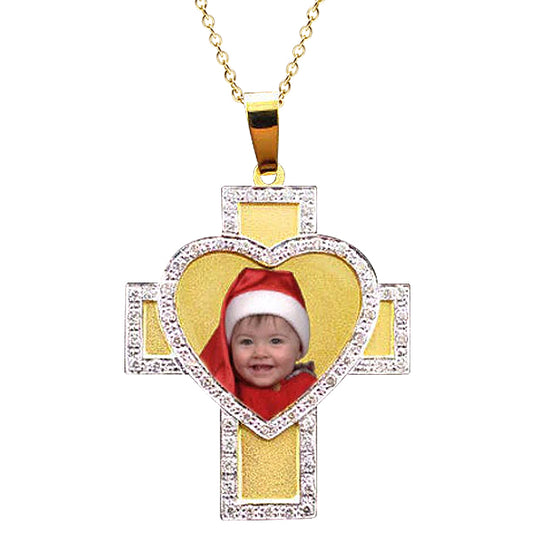 14K Gold Photo Charm Necklace with Cross, Diamonds, and Heart Pendants - Personalized USA Made Jewelry