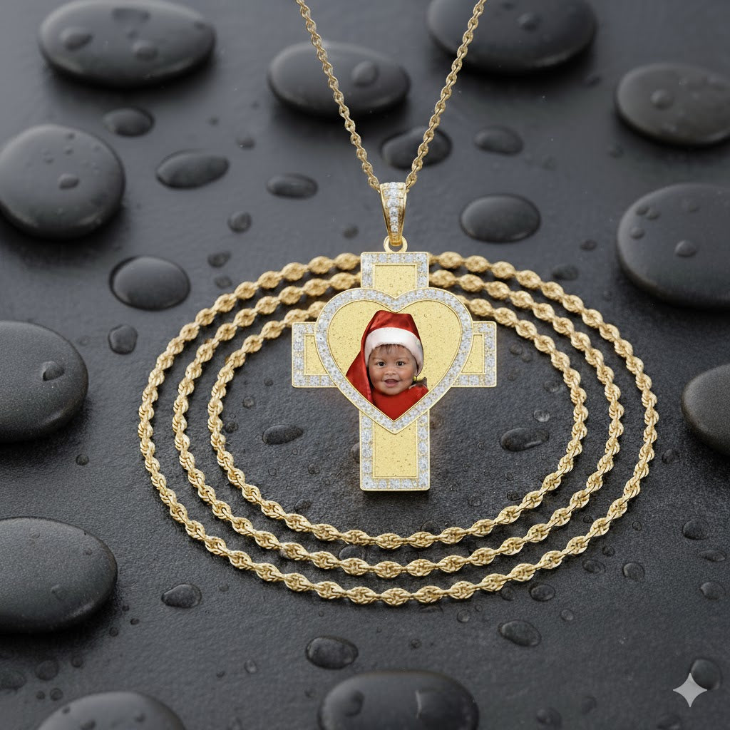14K Gold Photo Charm Necklace with Cross, Diamonds, and Heart Pendants - Personalized USA Made Jewelry