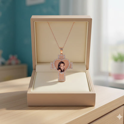 14K Gold Photo Charm Necklace with Cross, Diamonds, and Heart Pendants - Personalized USA Made Jewelry