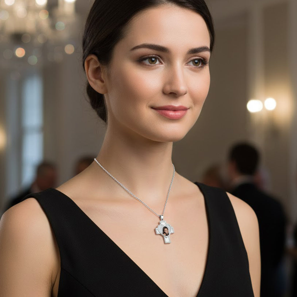 14K Gold Photo Charm Necklace with Cross, Diamonds, and Heart Pendants - Personalized USA Made Jewelry