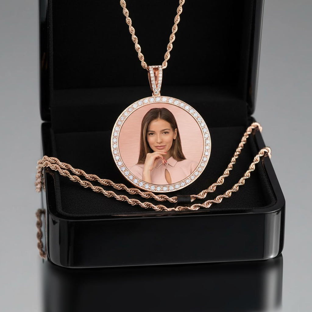 Customizable Photo Disc Pendant with Diamonds in 14K Gold | 1.75" Diameter