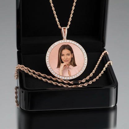 Customizable Photo Disc Pendant with Diamonds in 14K Gold | 1.75" Diameter