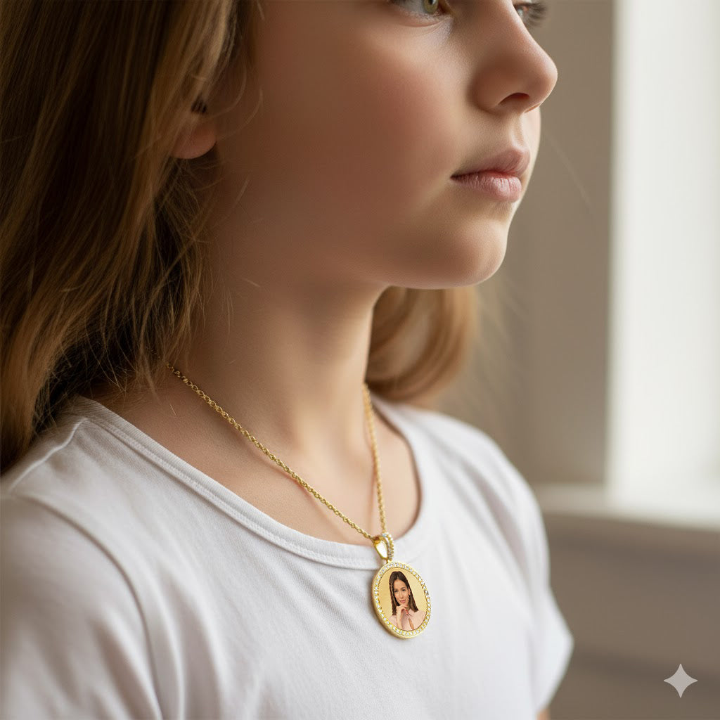 Customizable Photo Disc Pendant with Diamonds in 14K Gold | 1.75" Diameter