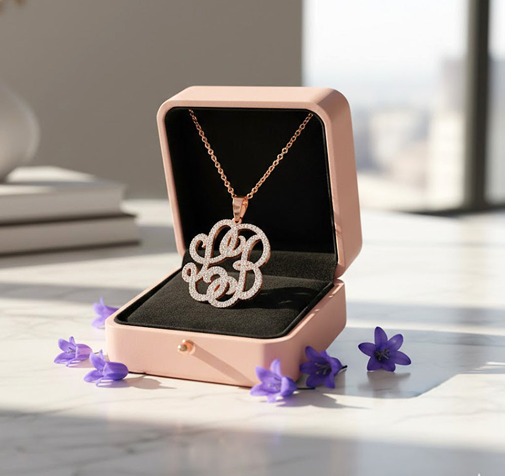 Personalized 1.00" 14k Gold and Diamonds Script Monogram Necklace