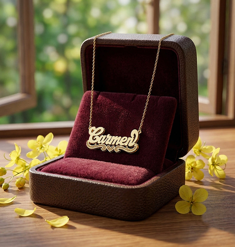 Personalized 14K Gold Double Name Plate | Florentine Finish