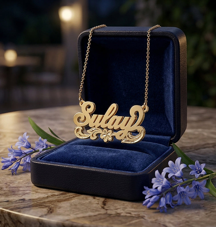 Personalized 14K Gold Double Name Plate and Flower