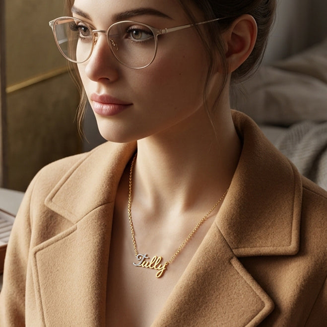 Personalized 14K Gold Freestyle Script Pendant with Diamonds on First Letter